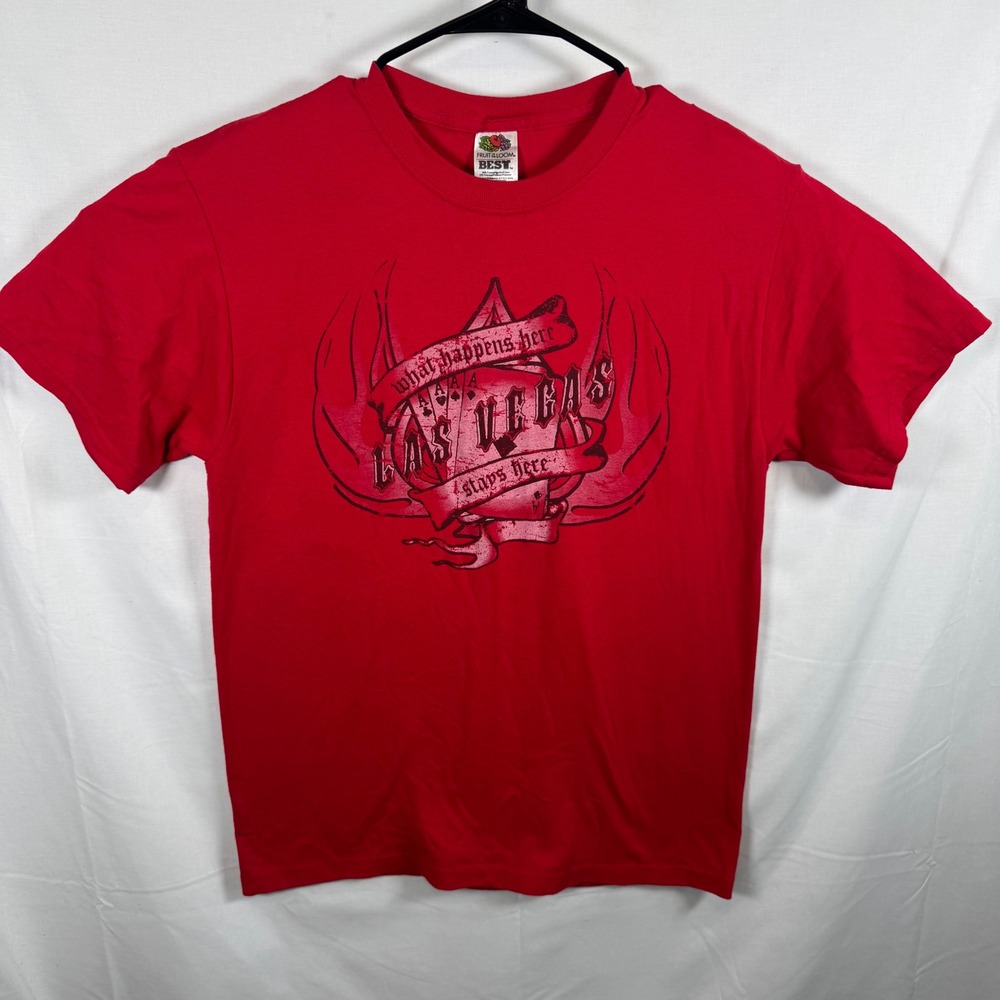 Vintage 90's Fruit of the‎ Loom T-Shirt Mens Medium Red Las Vegas VTG Aces Poker